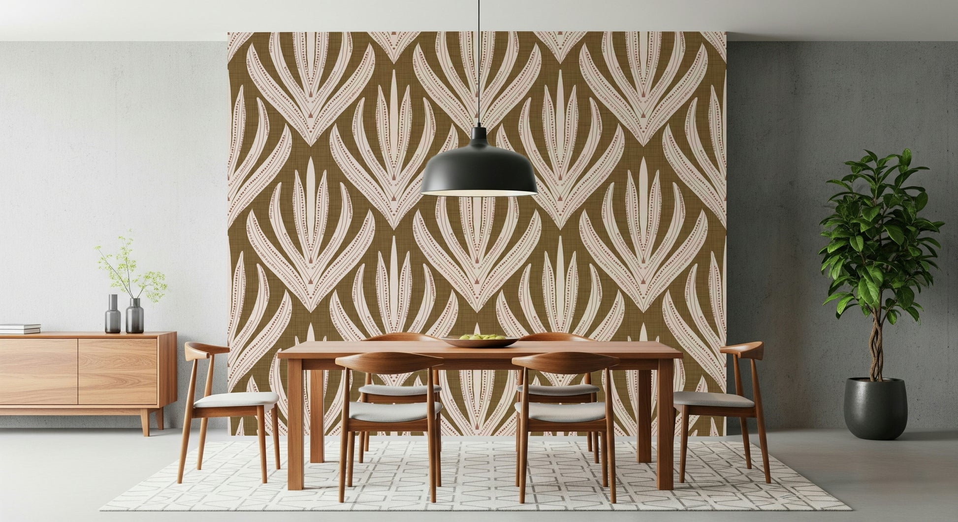 Bedroom feature wall with the Boho Leaf Symmetry Wallpaper.