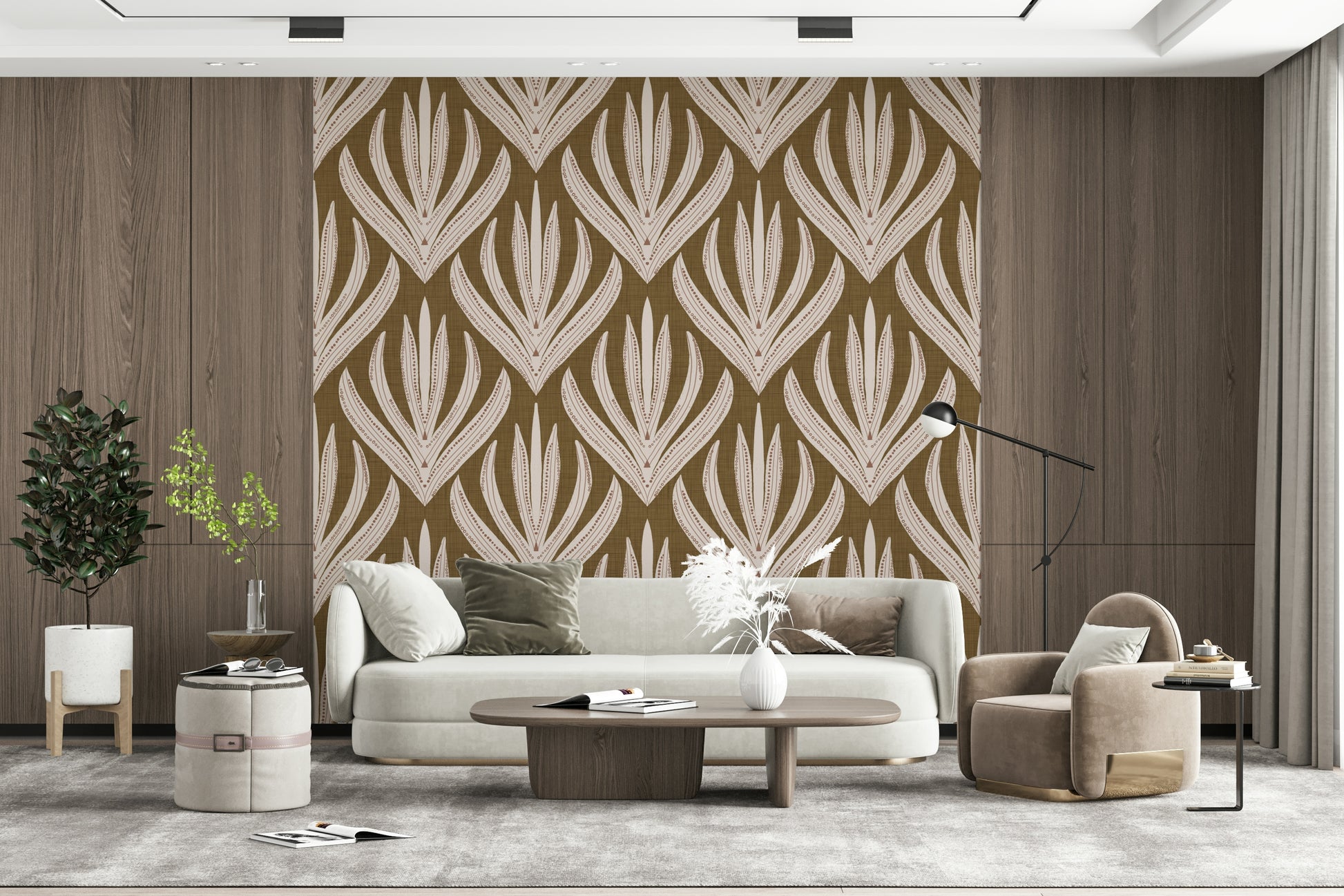 Peaceful office space using Boho Leaf Symmetry Wallpaper design.