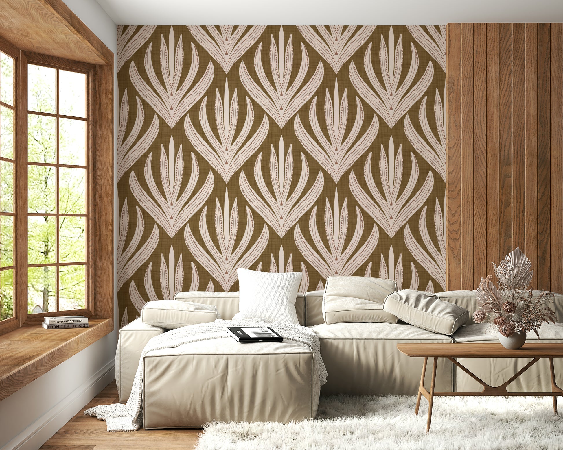 Repeating vertical design of Boho Leaf Symmetry Wallpaper.
