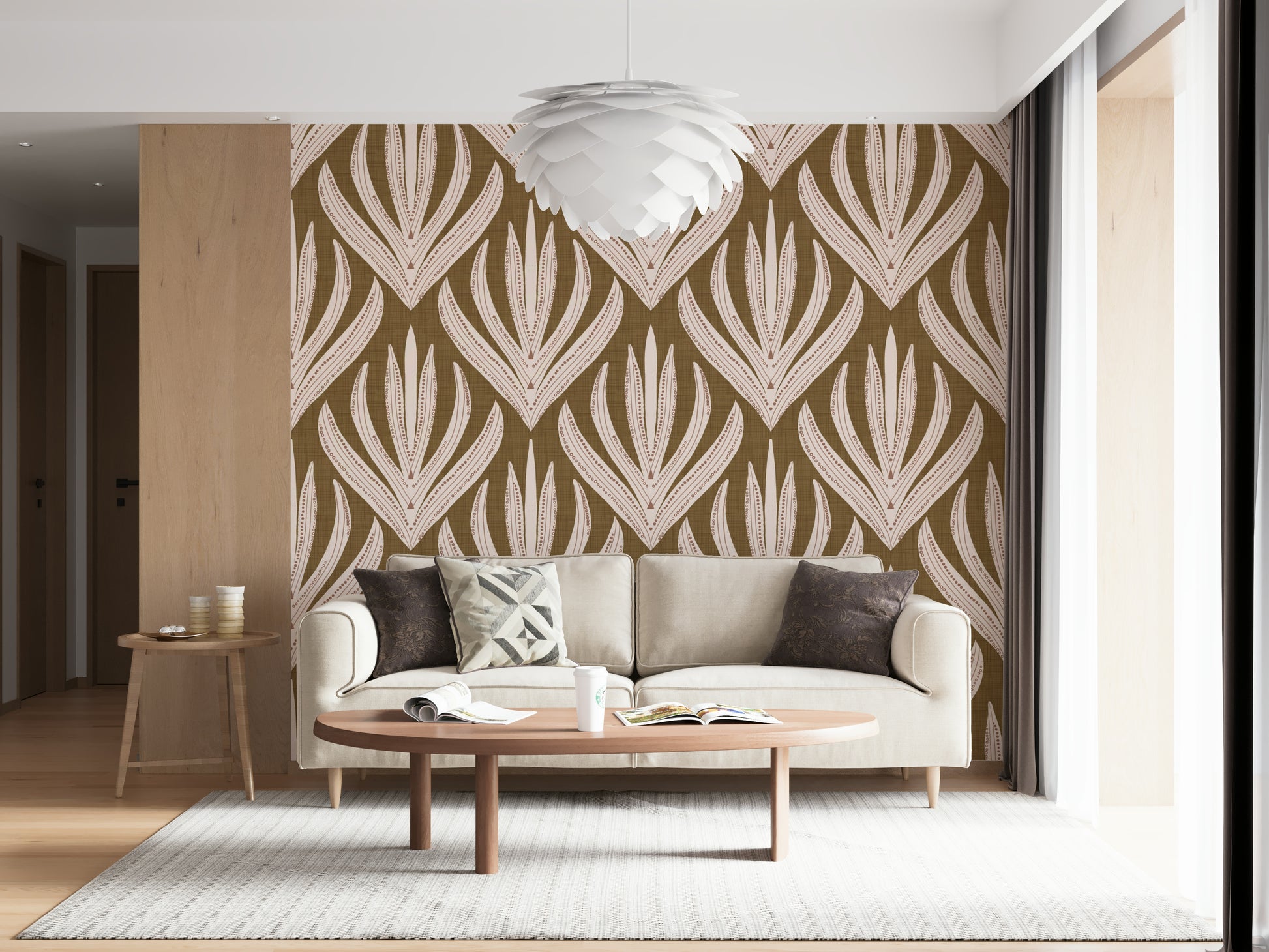 Neutral, calming space with Boho Leaf Symmetry Wallpaper pattern.