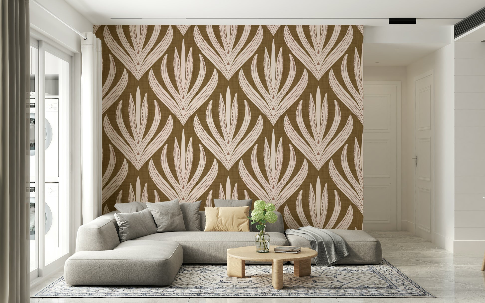 Abstract botanical motif on Boho Leaf Symmetry Wallpaper.