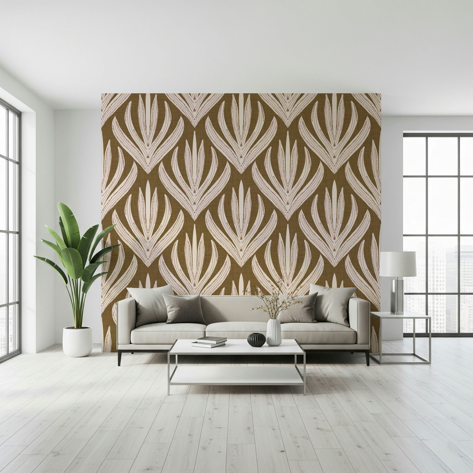 Earthy living room decor using the Boho Leaf Symmetry Wallpaper.