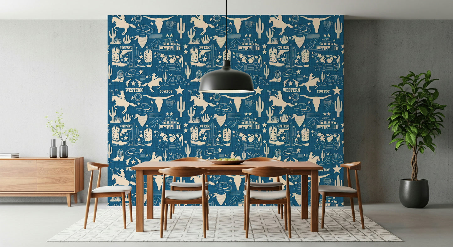 Outlines of Western objects on Wild West Blueprint Wallpaper print.