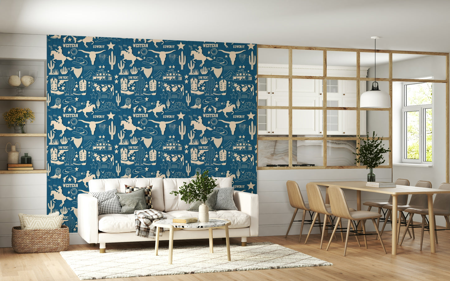 Cowboy riding a horse on Wild West Blueprint Wallpaper art.