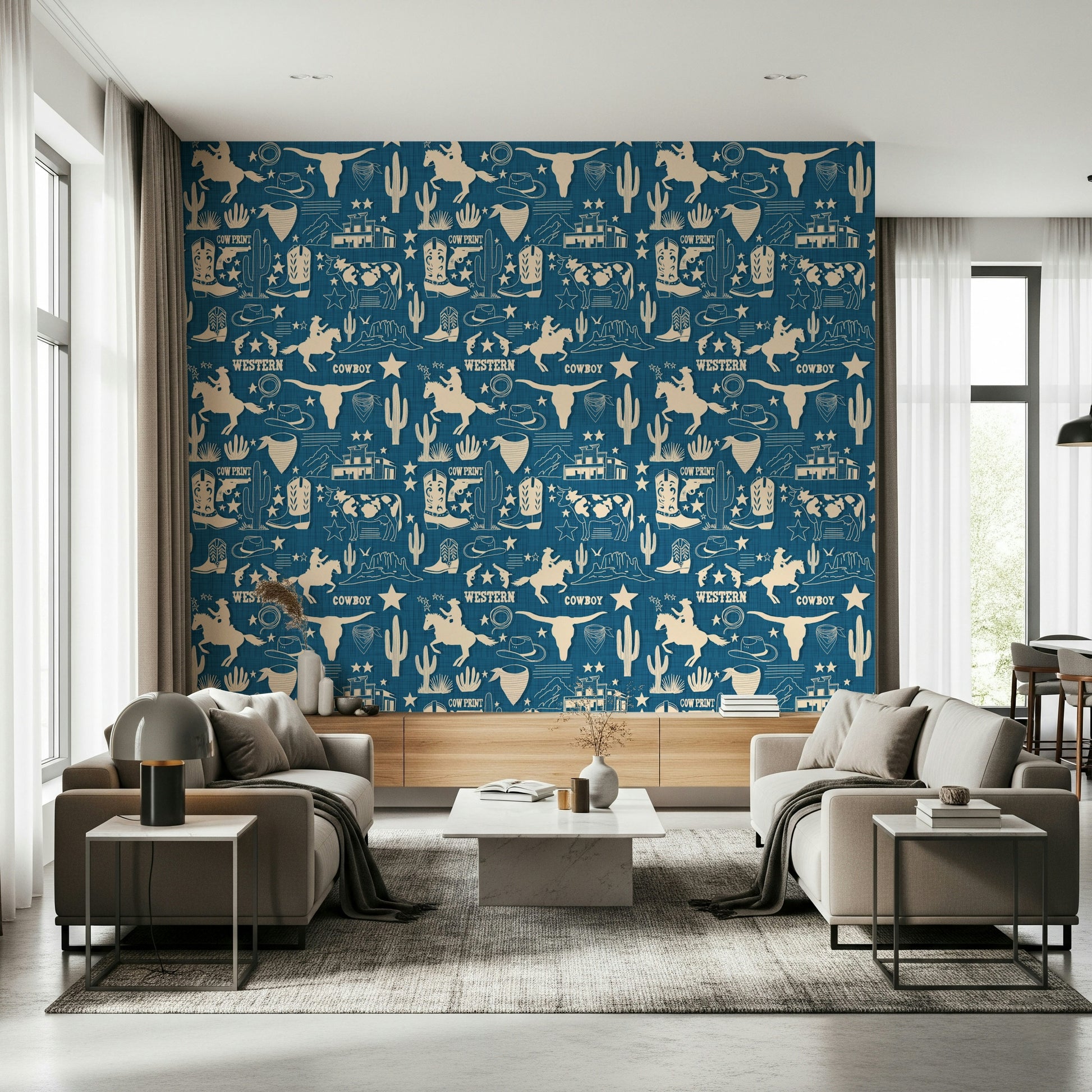 Blueprint style wallpaper featuring horses and guns.