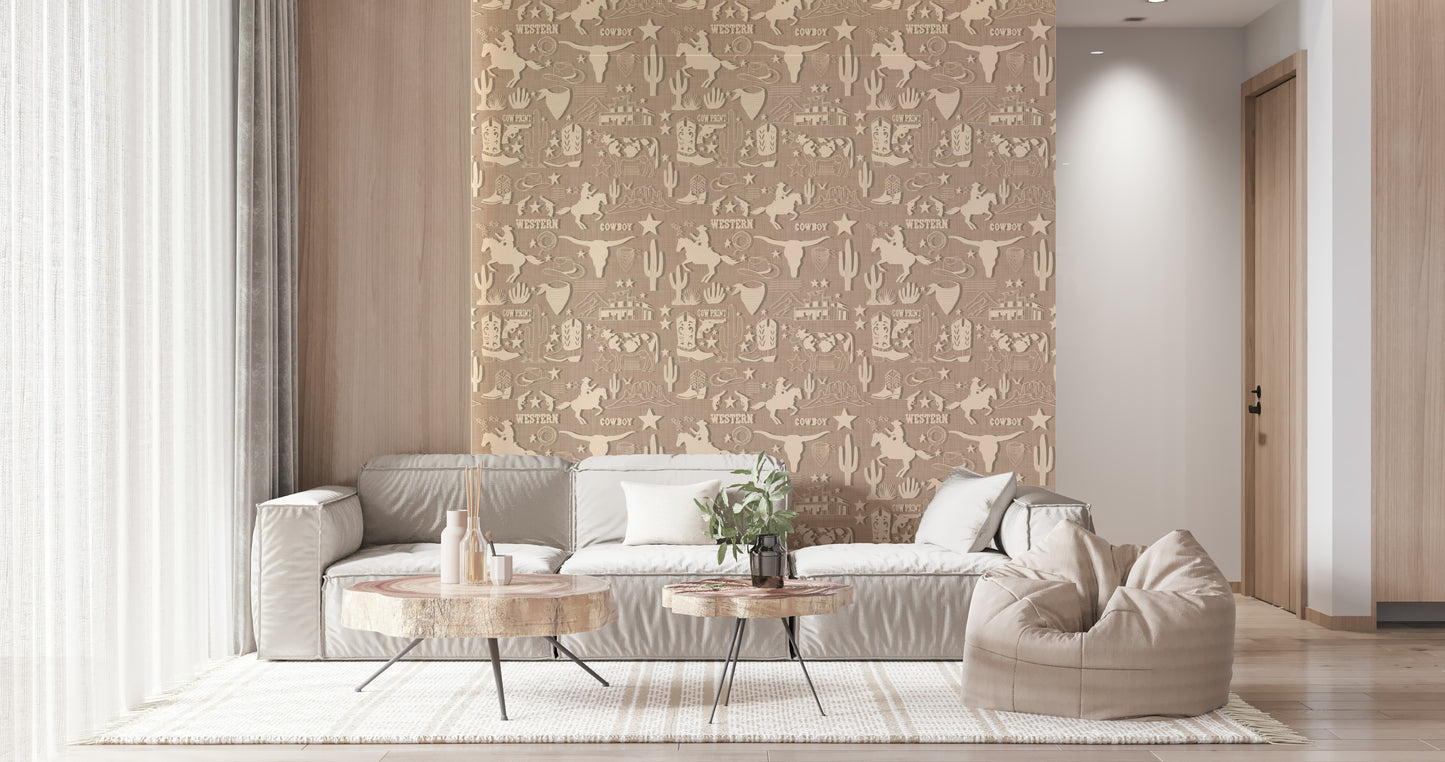 Wide room perspective featuring the Rustic Cowboy Dream Wallpaper design.