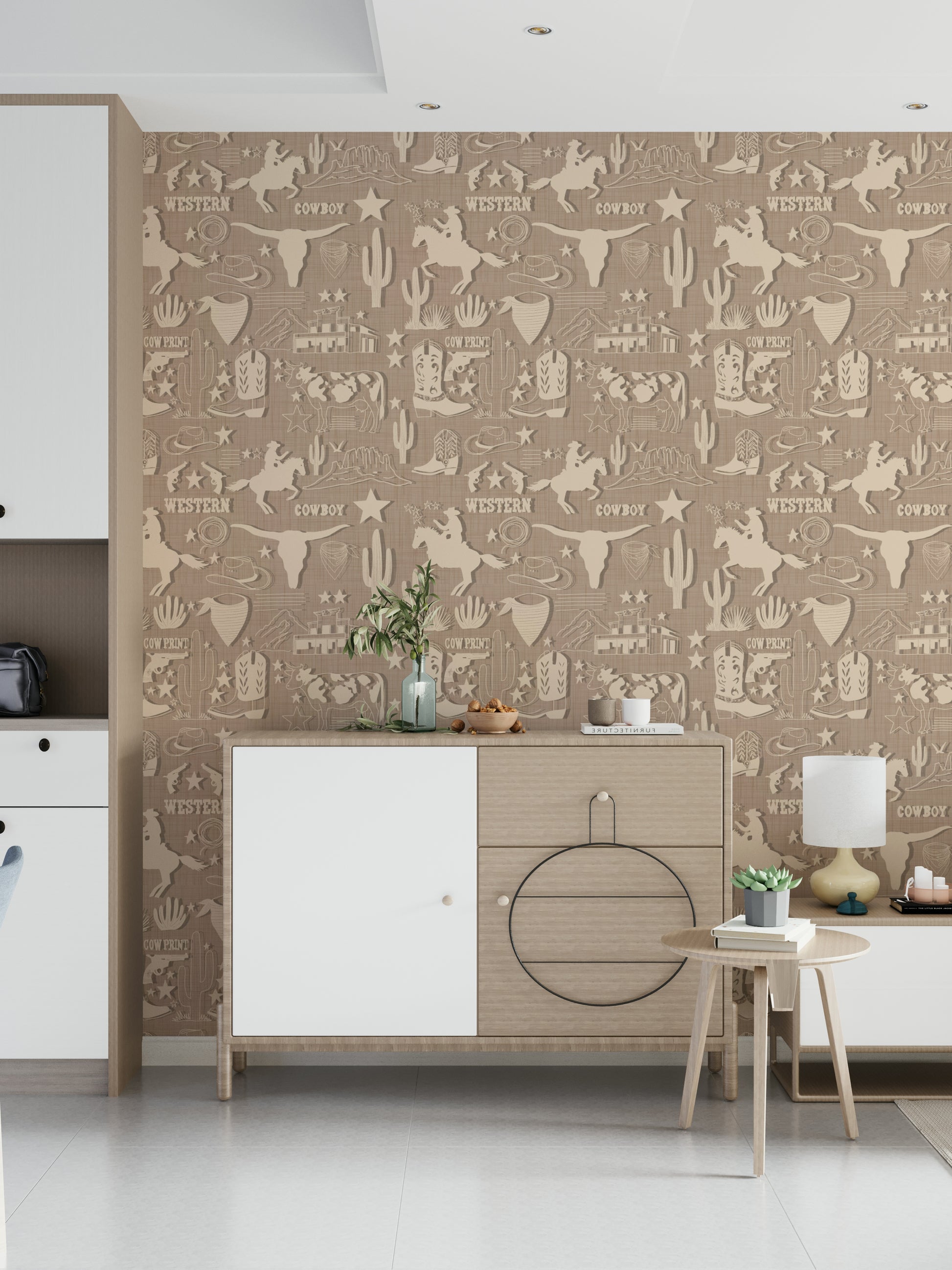 Abstract Western motifs on the Rustic Cowboy Dream Wallpaper print.