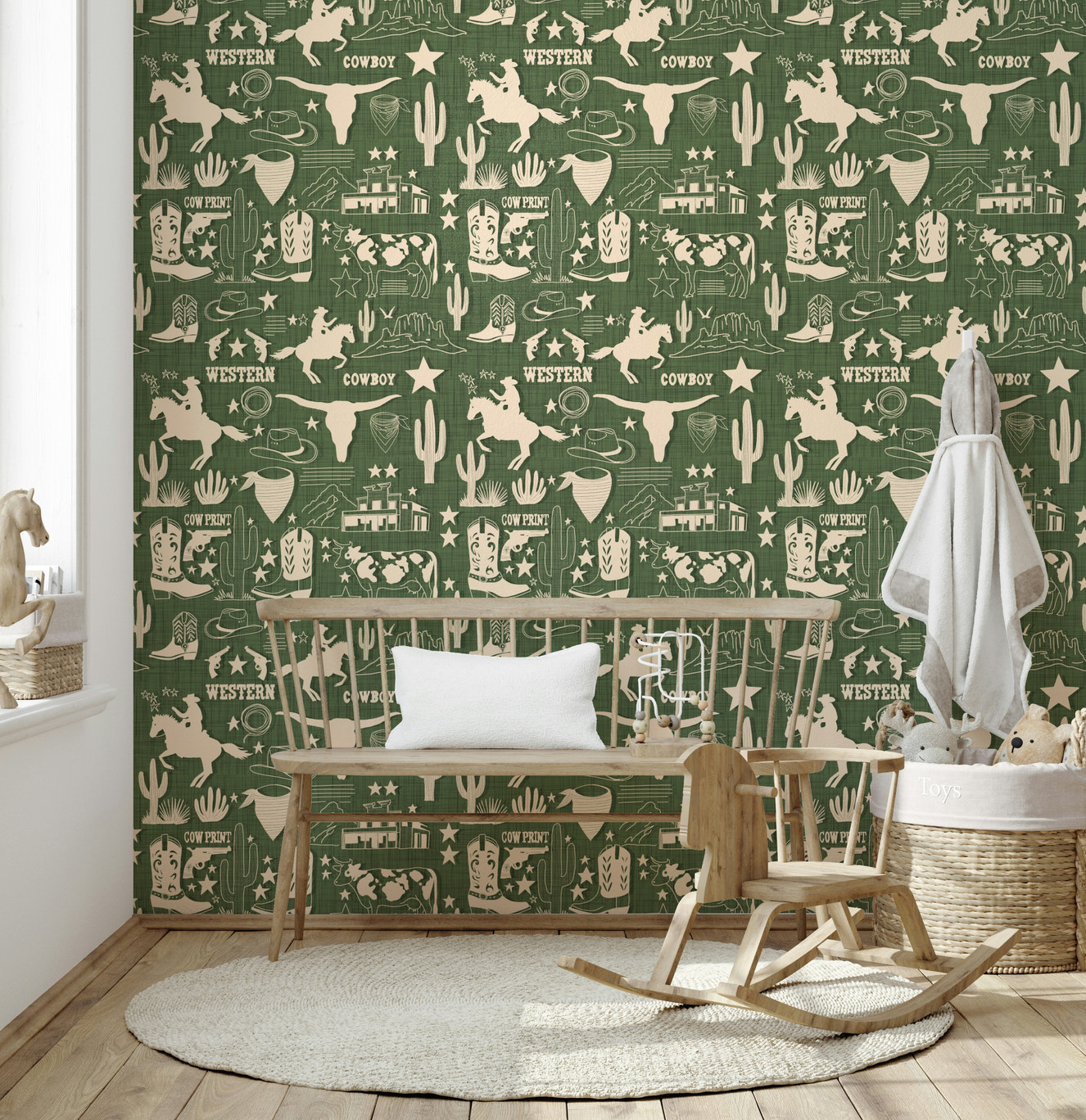 Green textured Wild West Sketch Wallpaper mural.