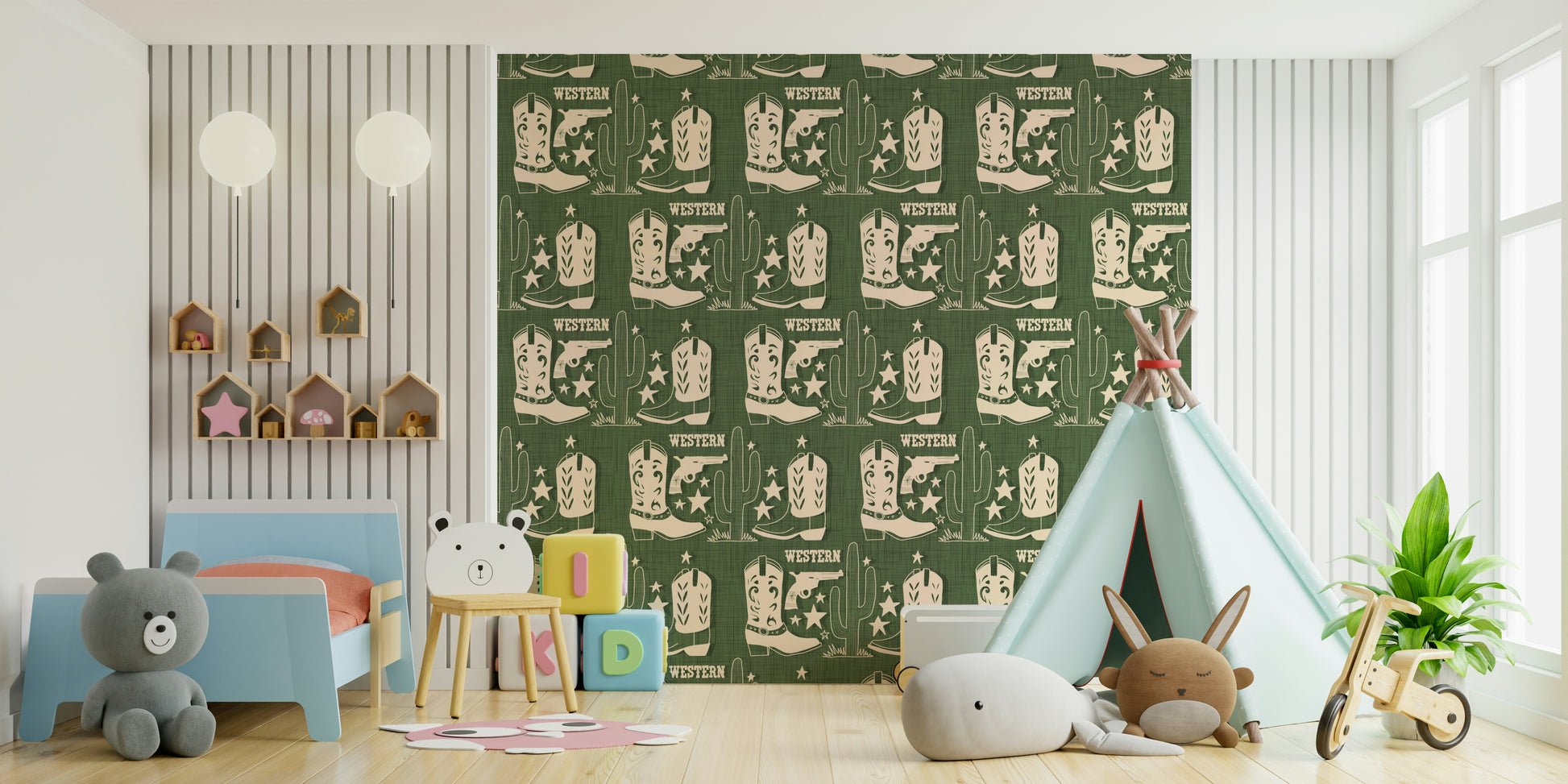 Green cowboy boots Wild West Charm Wallpaper for walls.
