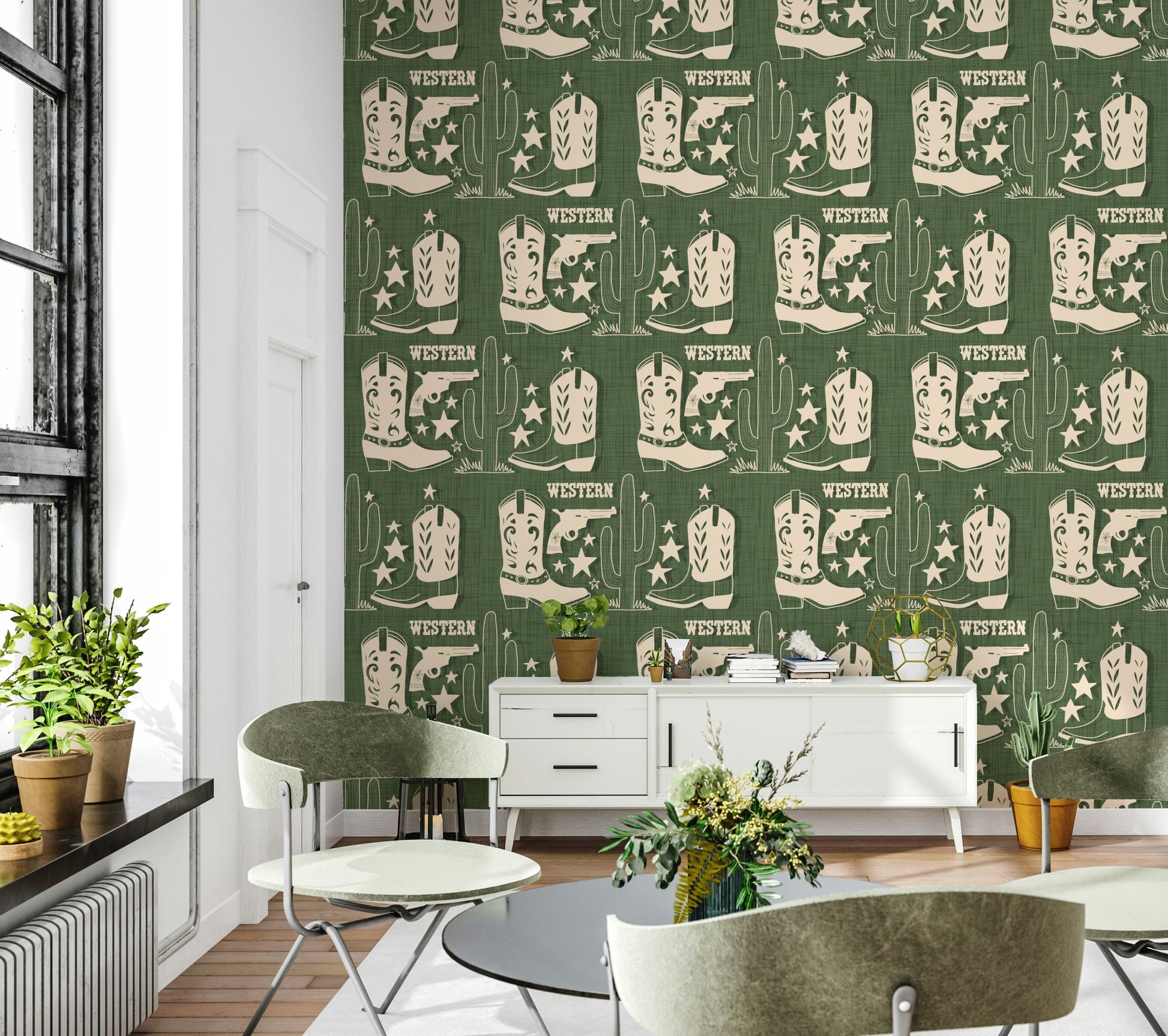 Peel and stick Wild West Charm Wallpaper repeating pattern.