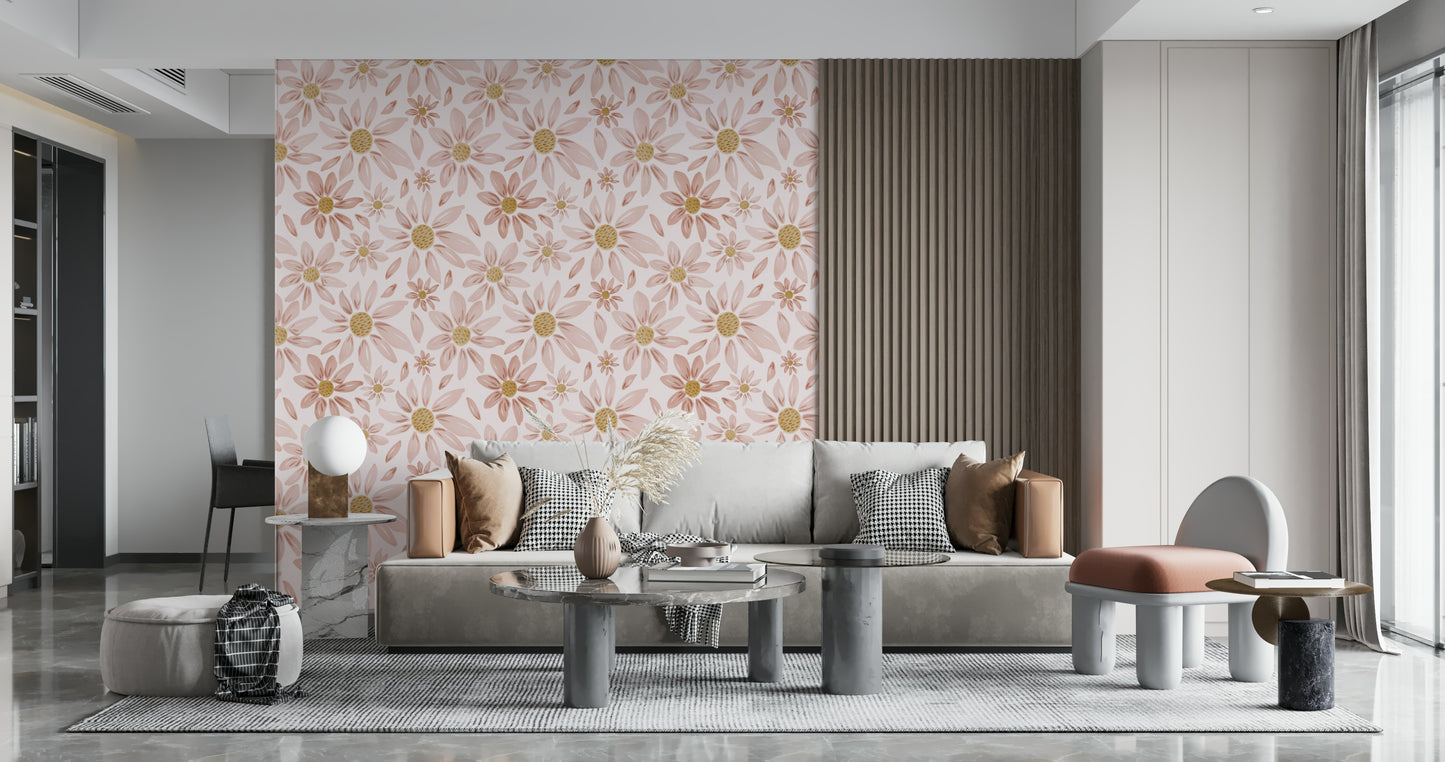 Opulent bedroom Dusty Rose wall accent, subtle wallpaper mural.