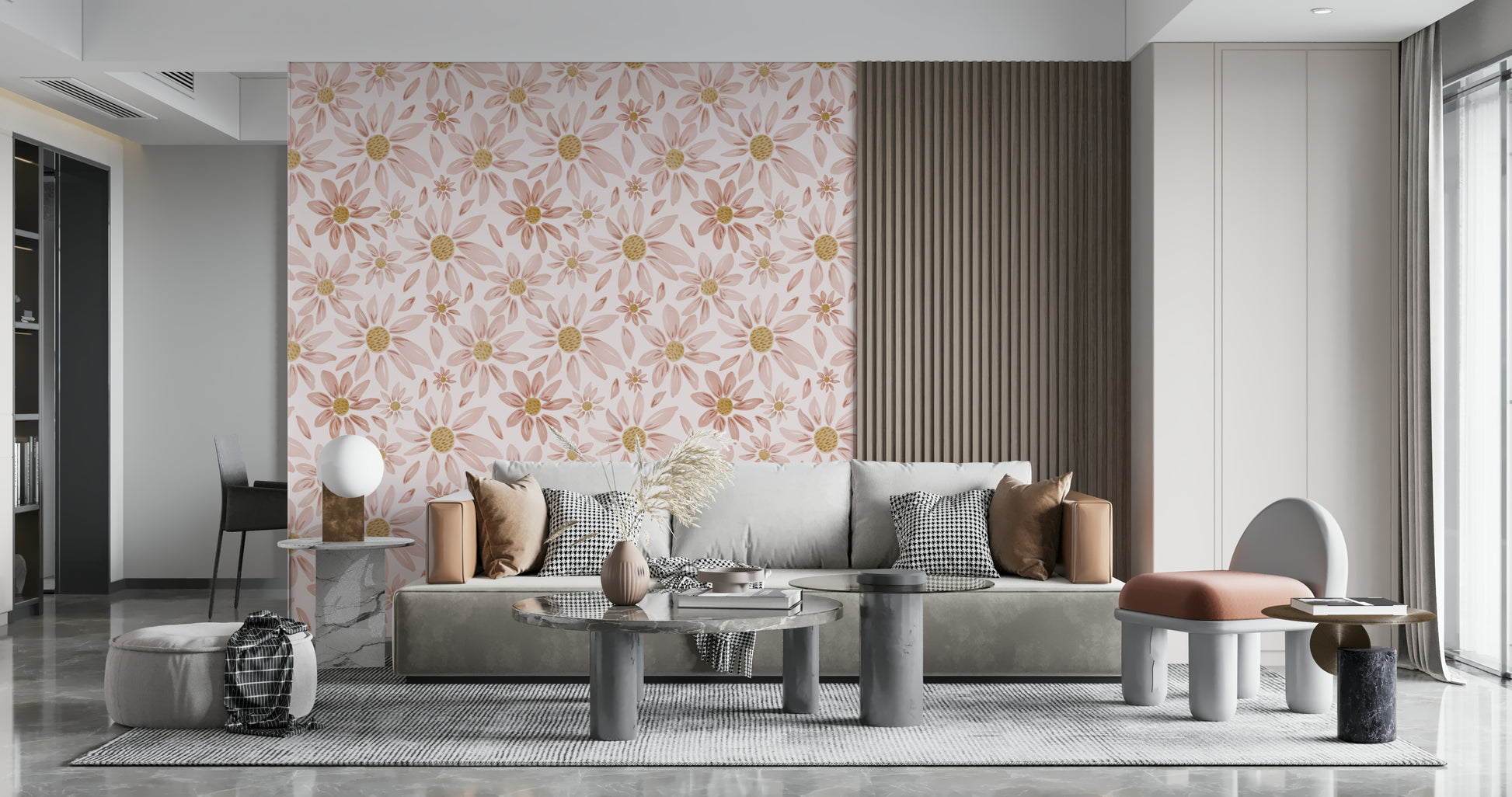 Opulent bedroom Dusty Rose wall accent, subtle wallpaper mural.