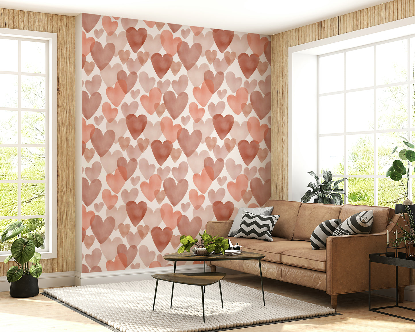 Amour Hearts mural, diaphanous overlay, quiescent pink exaltation.