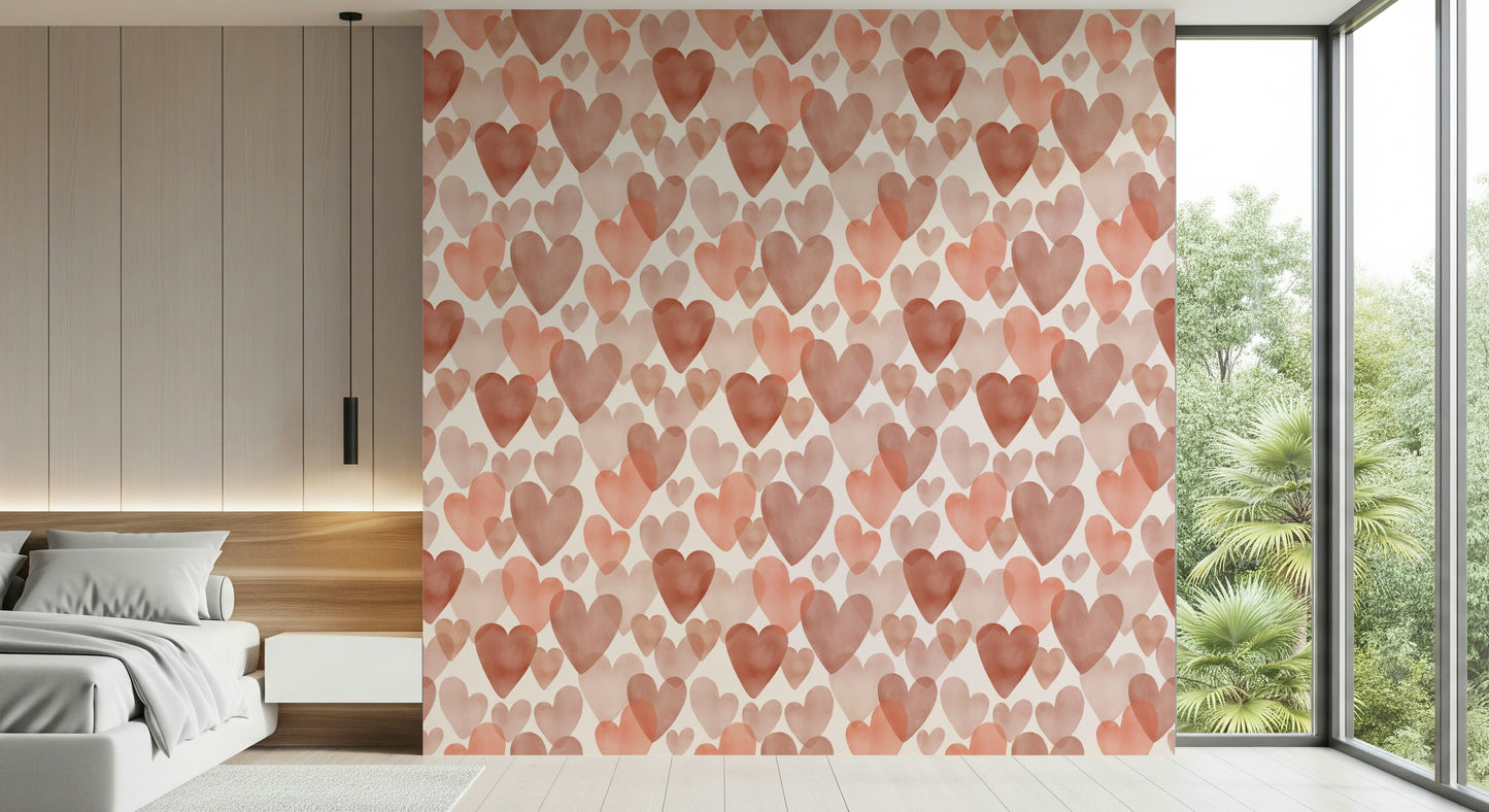 Quixotic Hearts wall mural, opaline colors, charming love panache.