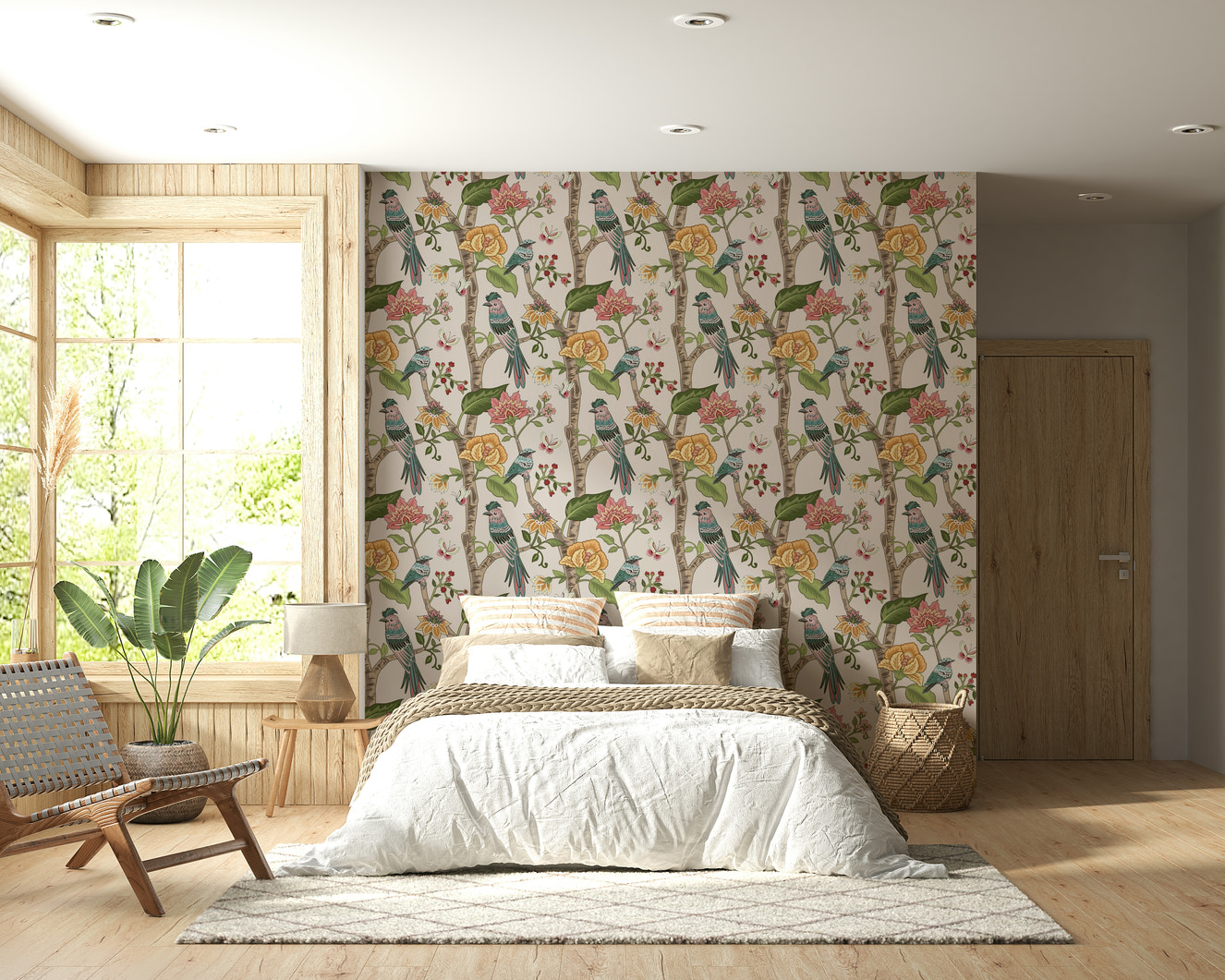 Ethereal Botanical Birds wall decor, fanciful flora, verdant branches wallpaper.