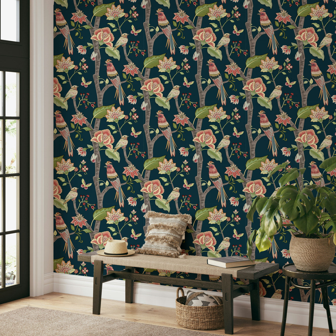 Botanical Birds ornamented décor wall covering with grand details.