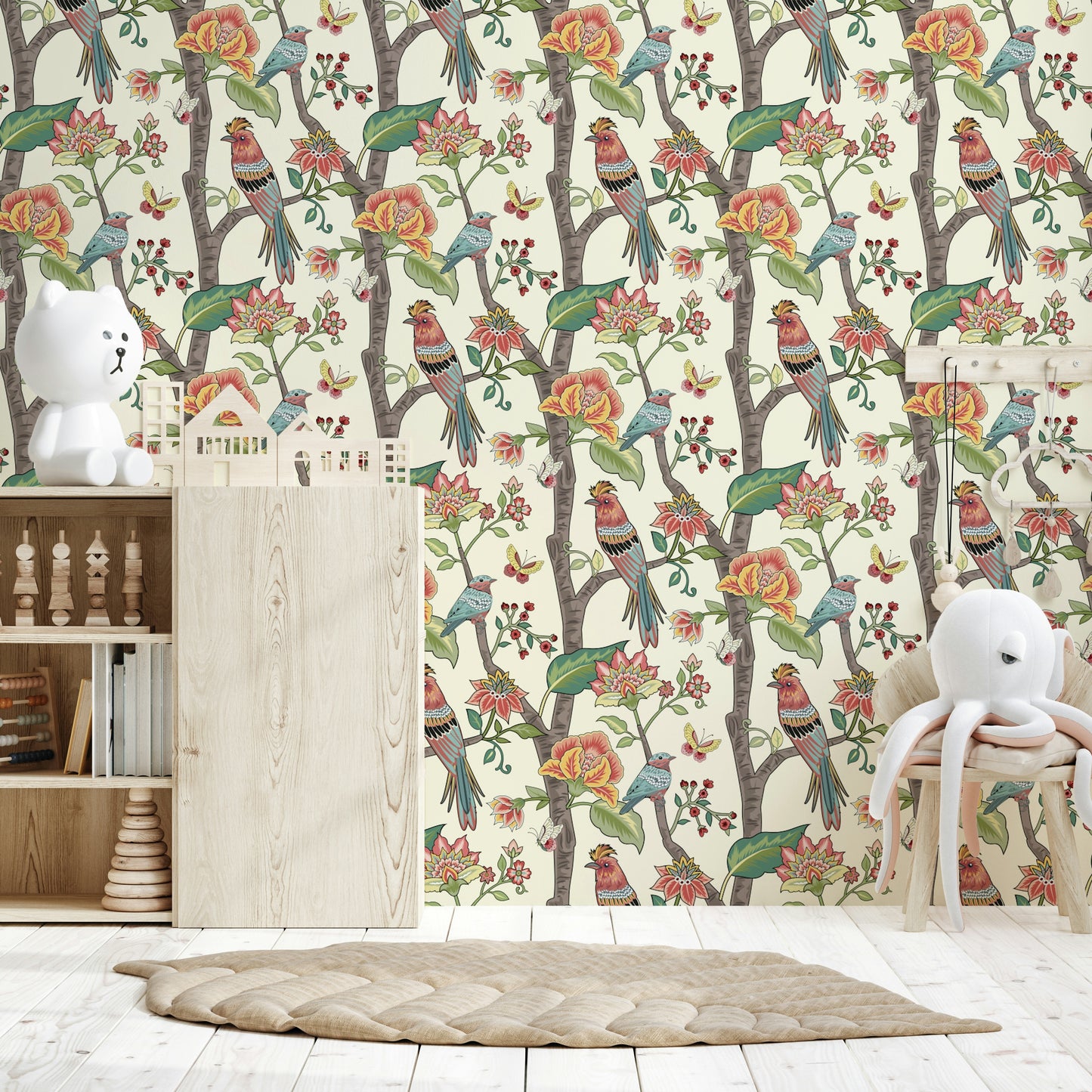 Beguiling, singular wall mural, exotic Perch birds, beautiful foliage.