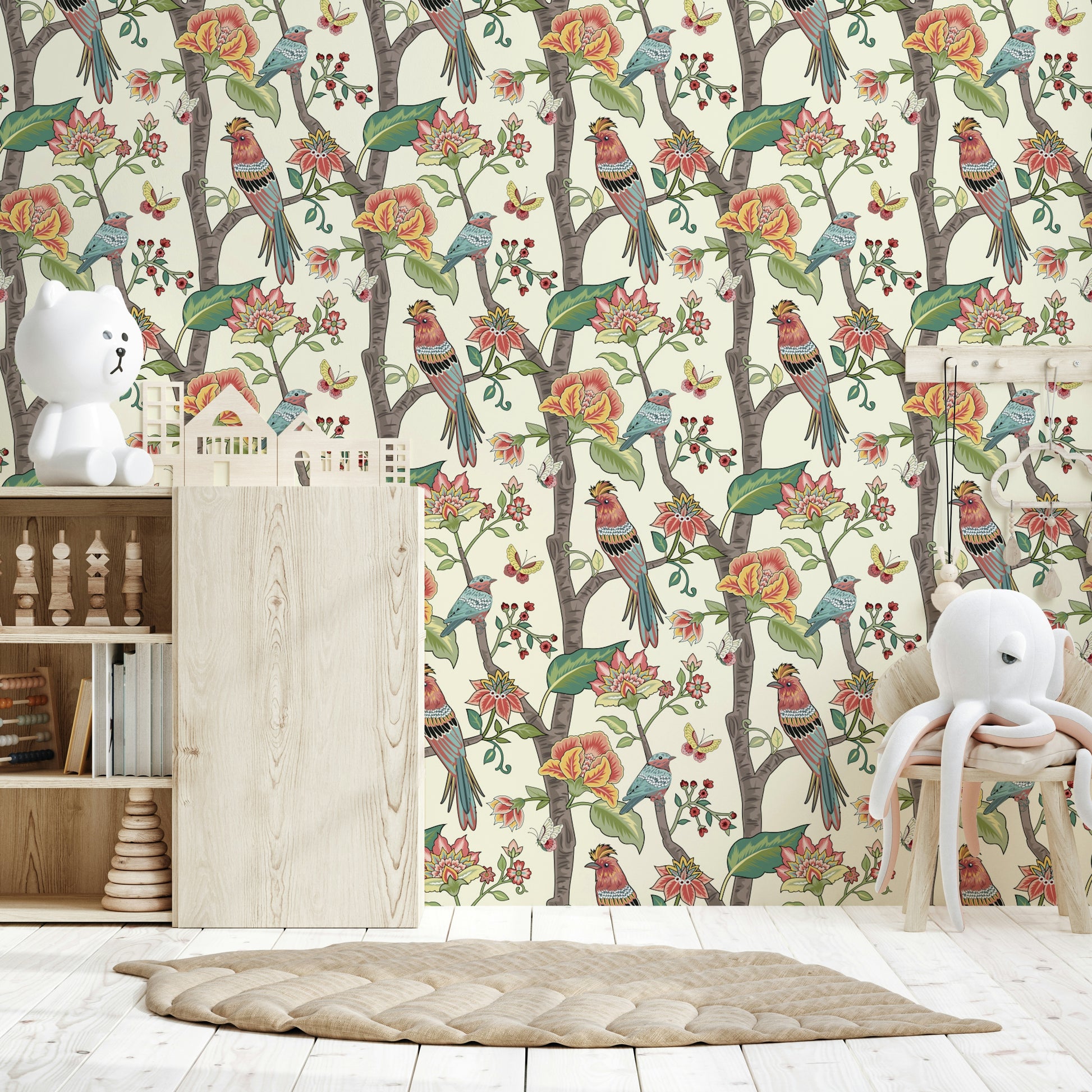 Beguiling, singular wall mural, exotic Perch birds, beautiful foliage.