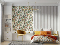 Singular, peculiar Paradise Perch design, fanciful birds, bold colors.