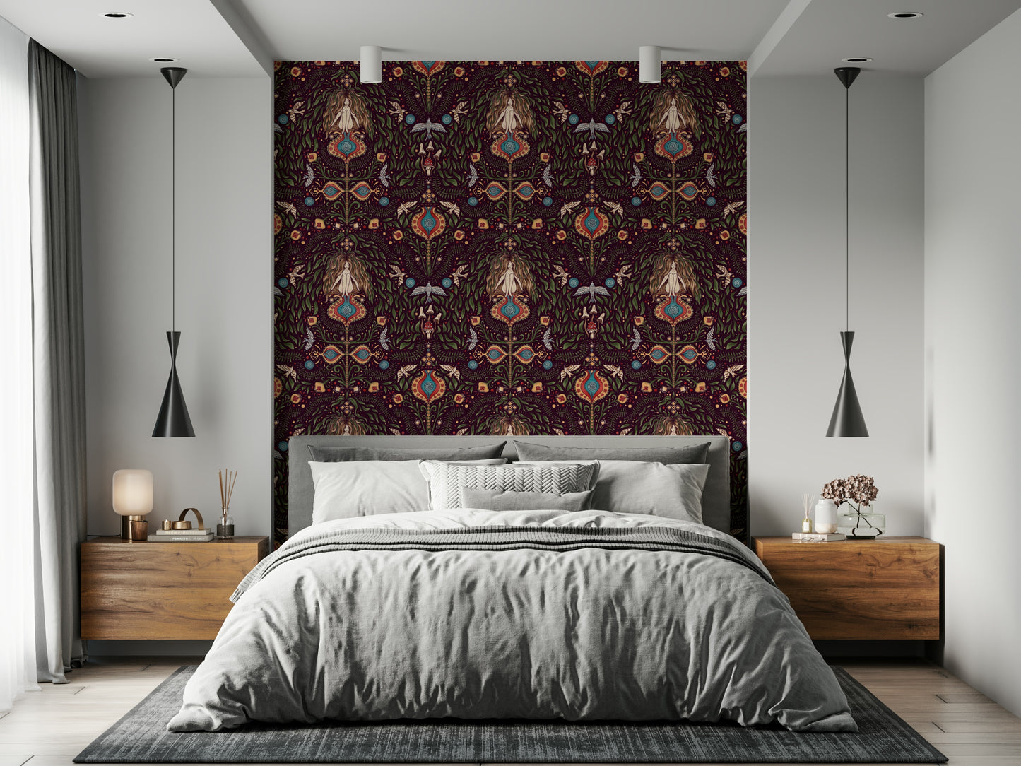 Forest Dream bohemian goddess patterned wallpaper.