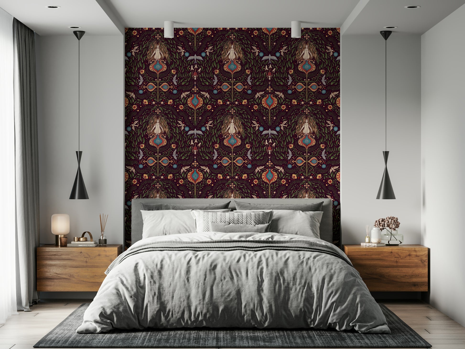 Forest Dream bohemian goddess patterned wallpaper.