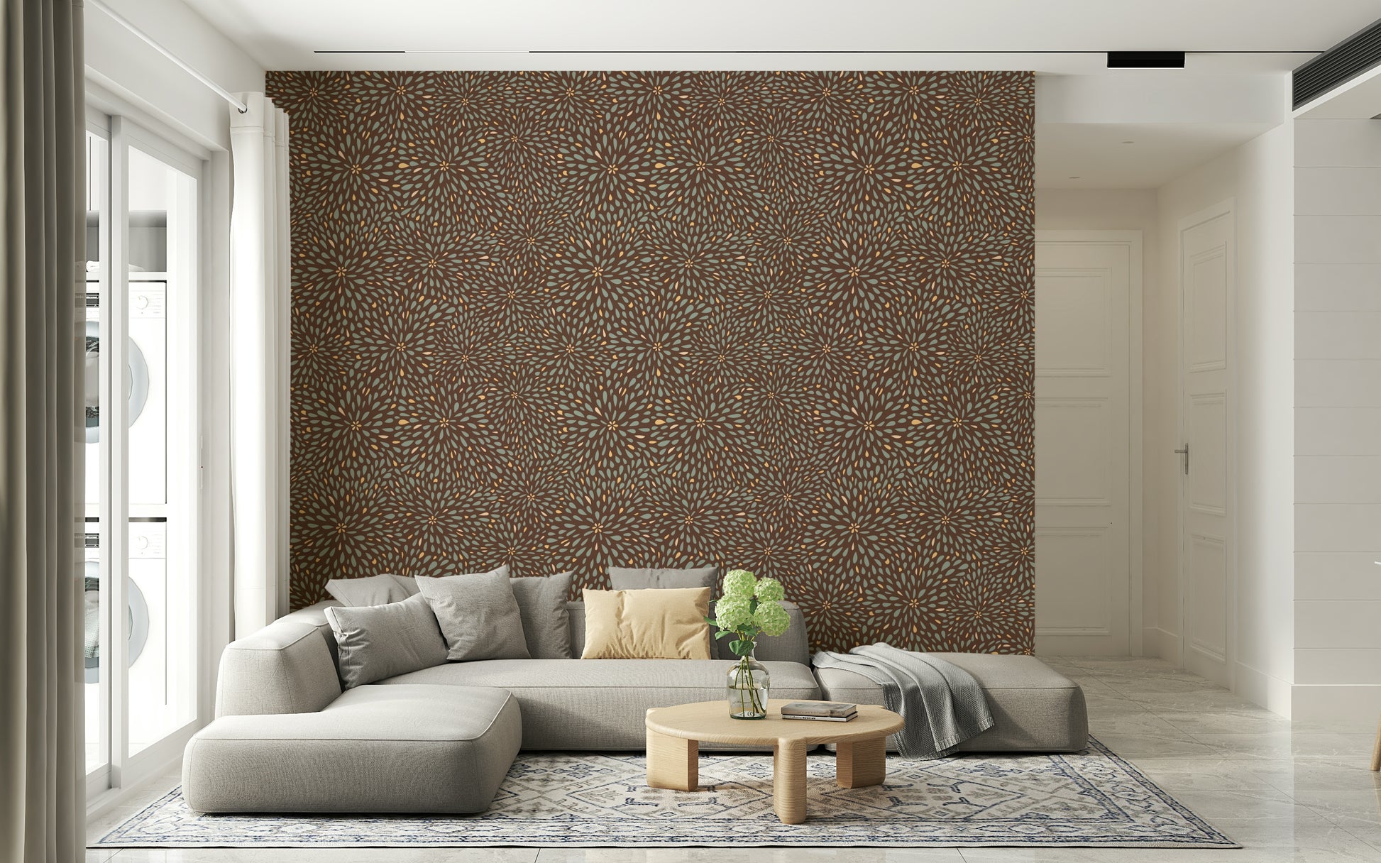 Brown, teal, and gold Autumn Burst print, sophisticated graphic wall covering.
