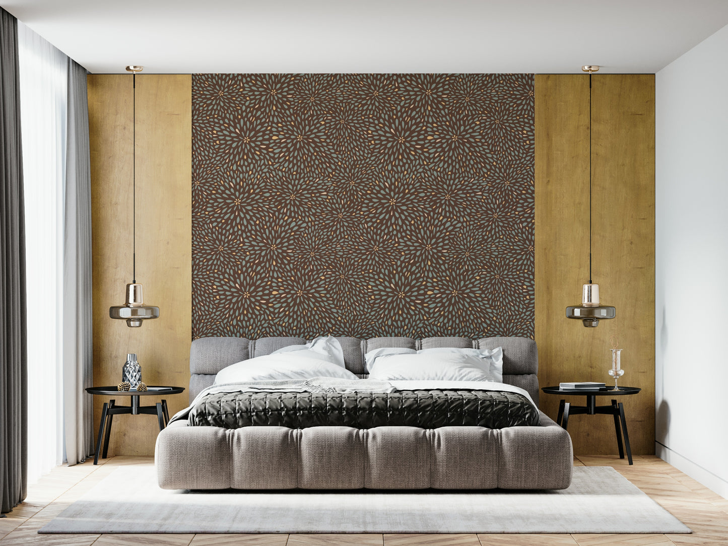 Textile-inspired Autumn Burst Wallpaper, rustic and elegant surface decoration.