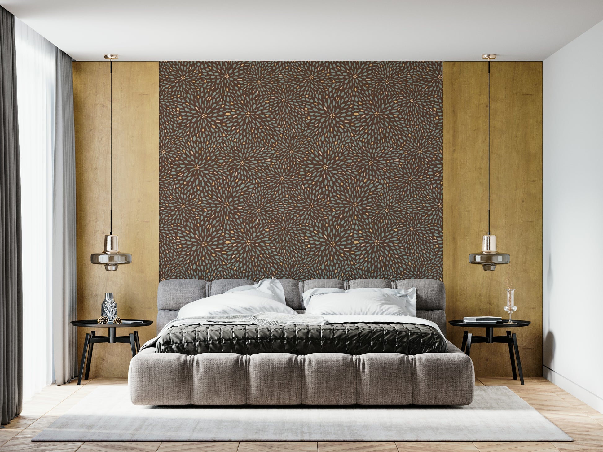 Textile-inspired Autumn Burst Wallpaper, rustic and elegant surface decoration.