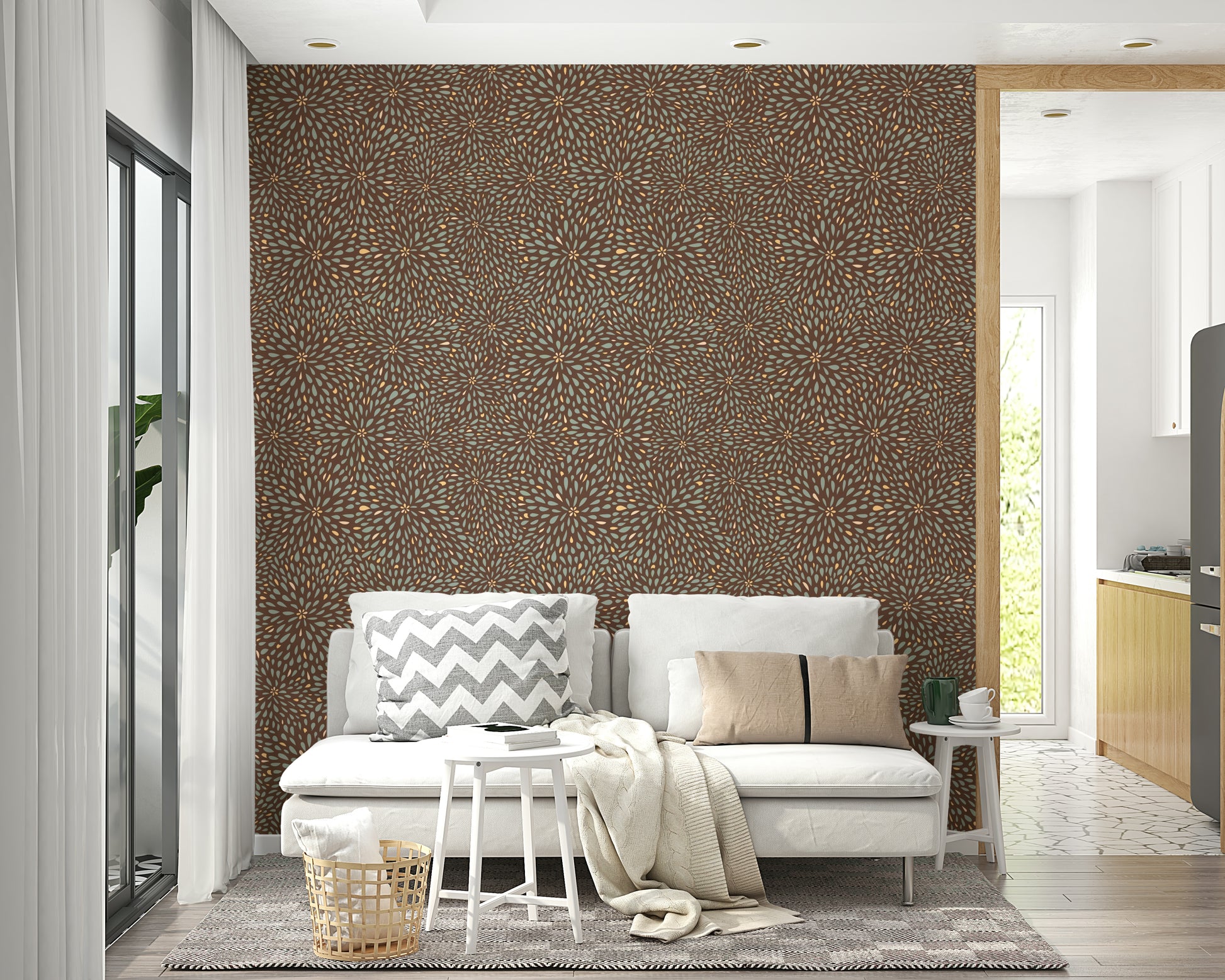 Modern Autumn Burst wall mural, deep brown background with scattered petal shapes.