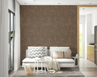 Modern Autumn Burst wall mural, deep brown background with scattered petal shapes.