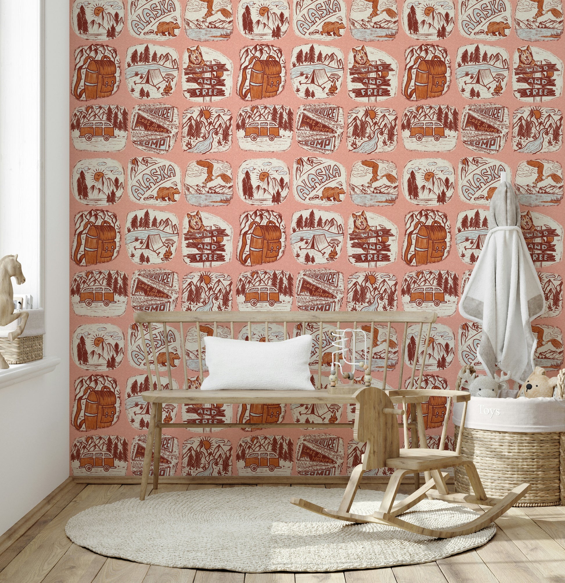 Quirky outdoor patchwork wall mural with bears and eagles.