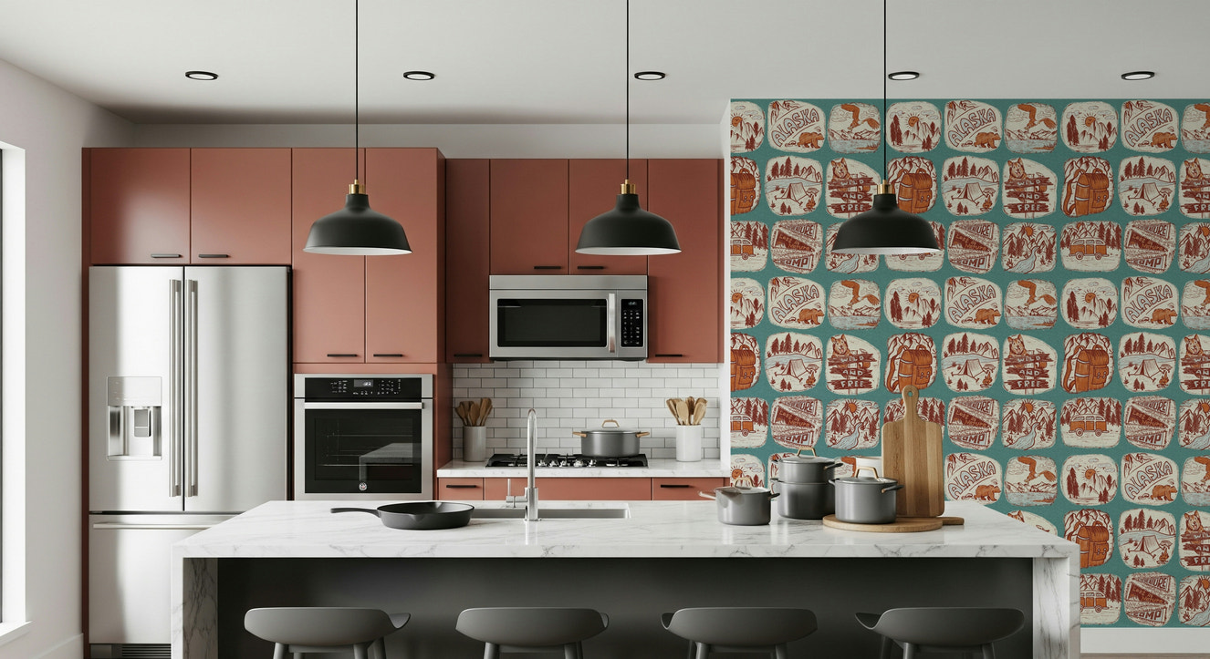 Wilderness Sketchbook Wallpaper, rustic camping adventure wall mural.