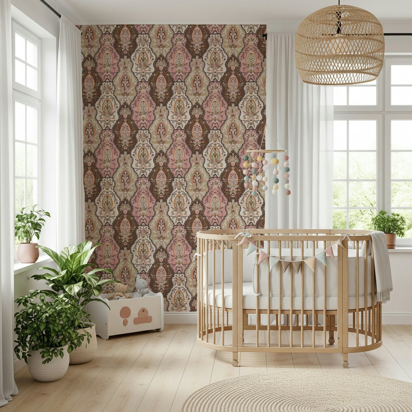 Brown and pink Blossom Weave, vintage-inspired ornate wallpaper for walls.