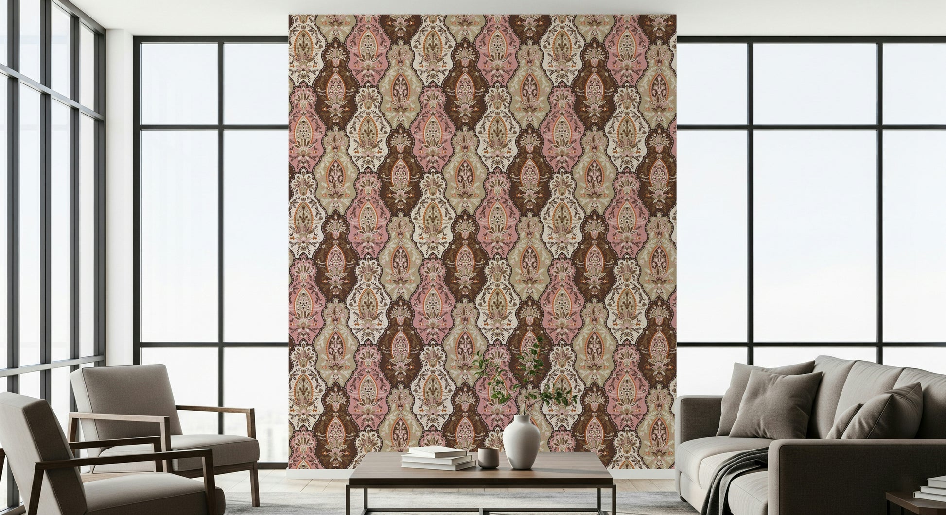 Luxury Blossom Weave Wallpaper, warm colors traditional motif print.