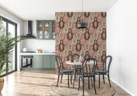 Blossom Weave Wallpaper pink, brown, botanical ogee pattern wall mural.