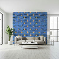 Golden legs creating rhythm, a striking Water Rhythms wall statement.