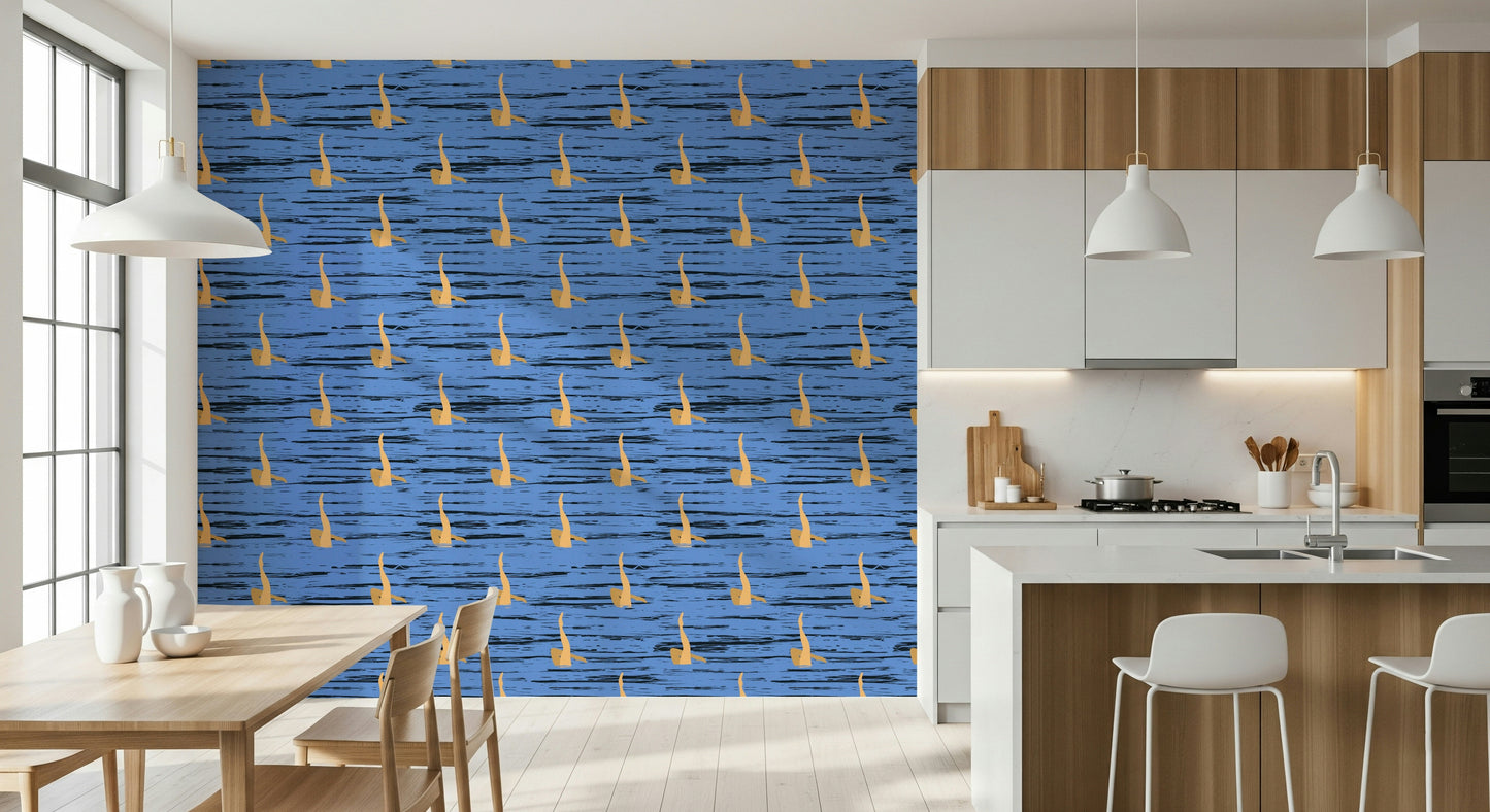 Textured blue water, repeated golden legs, Water Rhythms wall covering.