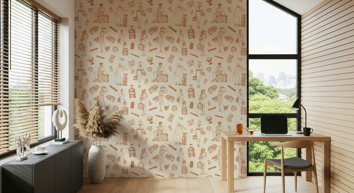 Whimsical Travel Tales Wallpaper showcasing chic wanderlust figures.