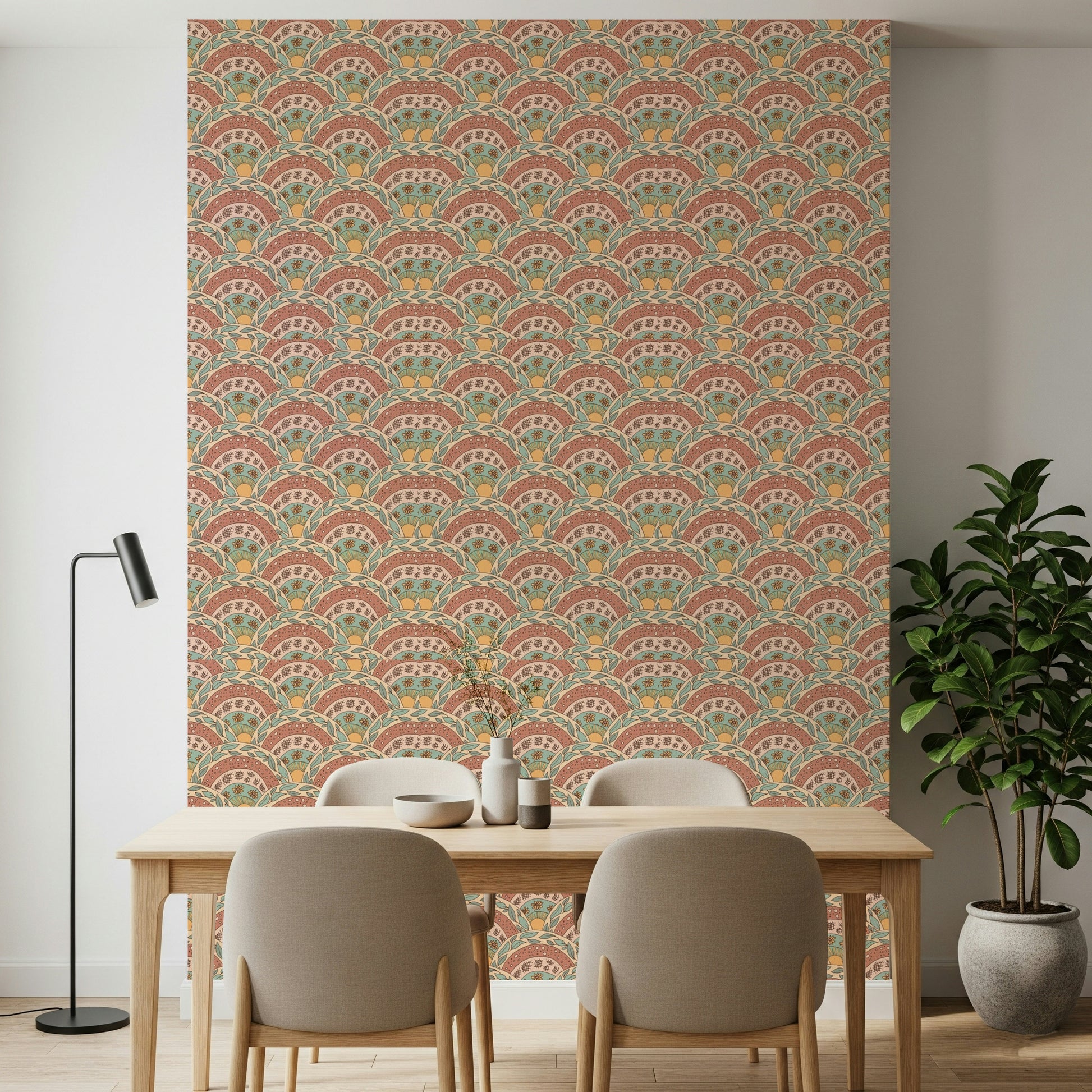 Curious Boho Sunburst Bloom Wallpaper, Diatonic palette, Hand-drawn Art.