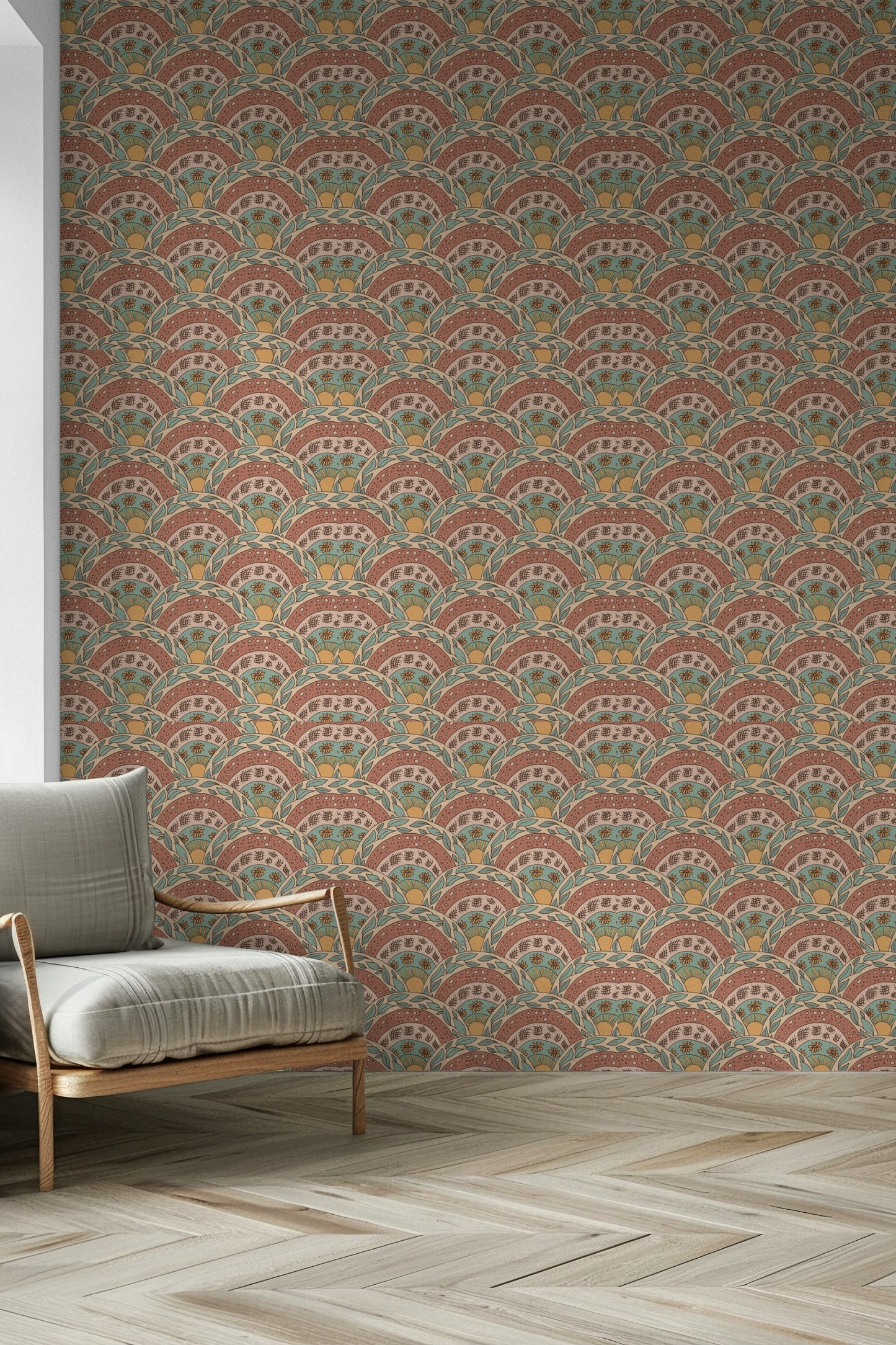 Mellifluous peel and stick wallpaper, Boho Sunburst Bloom, Jubilant motif.