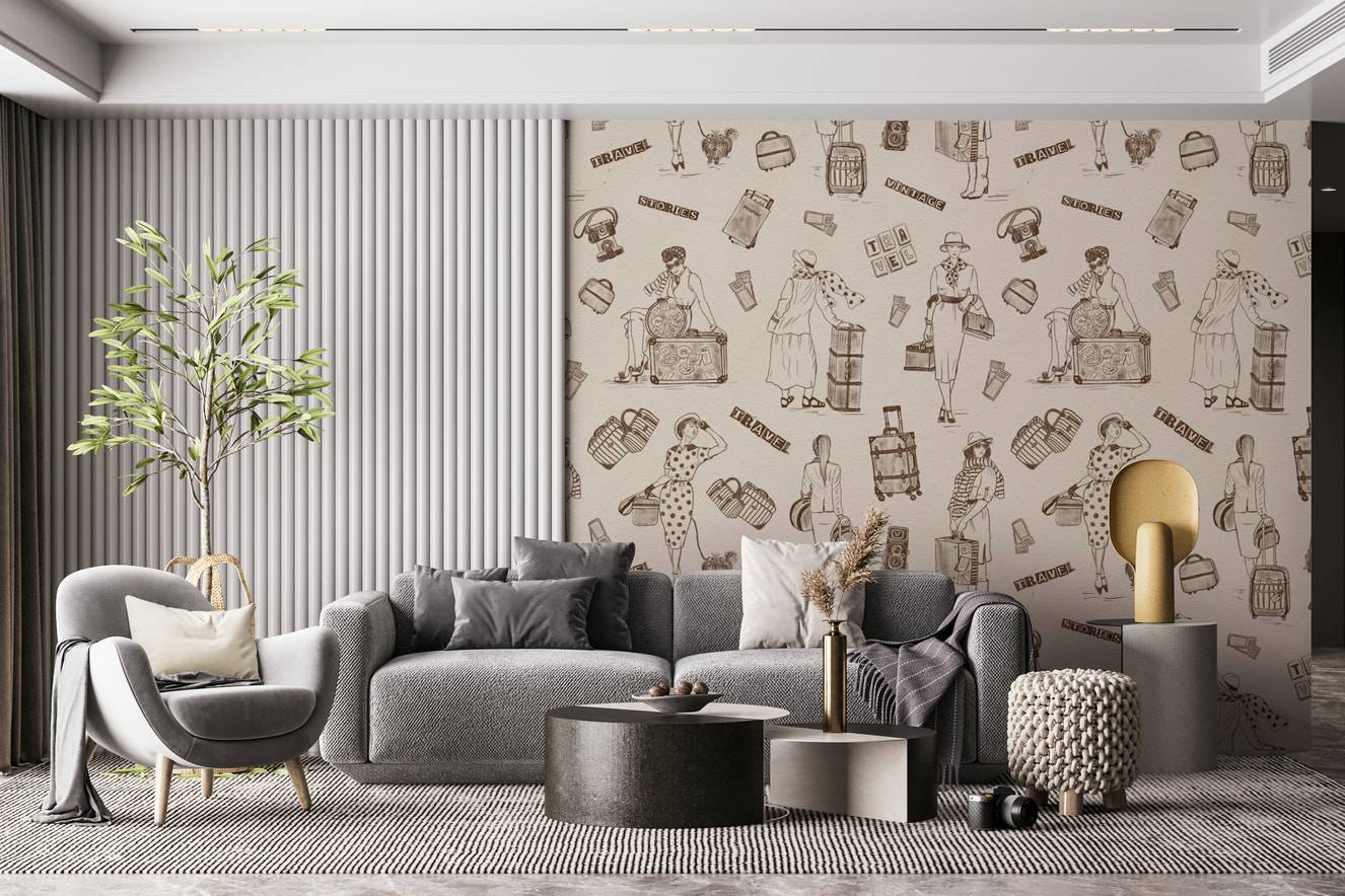 Eccentric Wall Mural dames satchels passports sepia sketch Journeying.