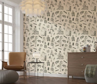 Global Chic Peculiar sketches, vintage travel wallpaper for walls.