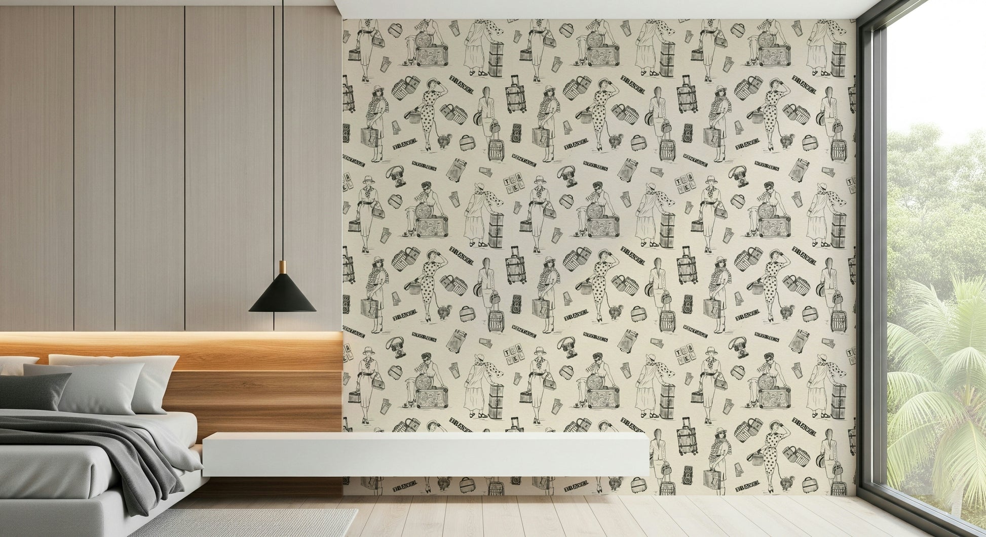 Peripatetic Global Chic Wallpaper, sketch art, luggage, wall mural.
