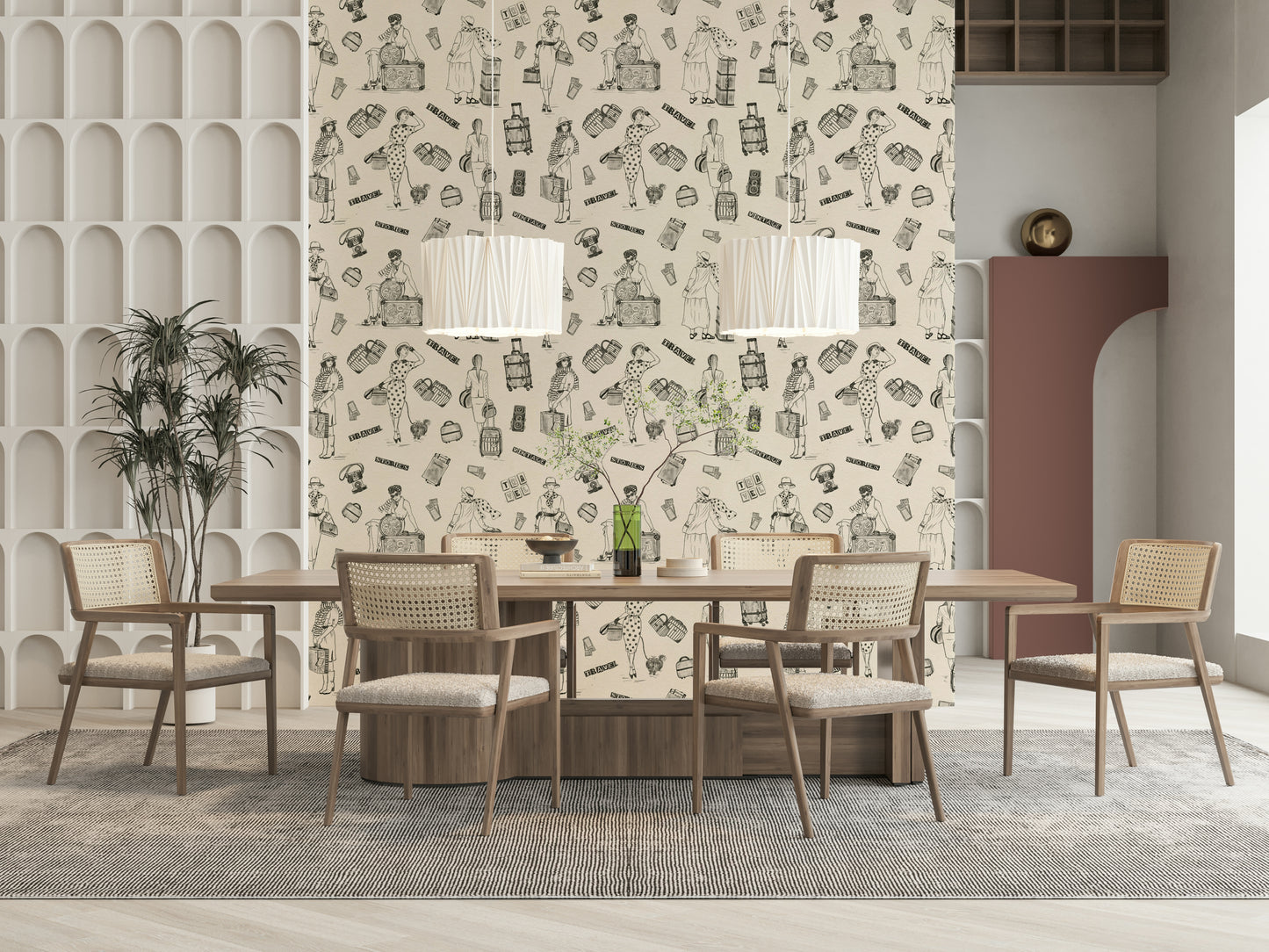 Kooky Black and White Global Chic Wallpaper, trunks, vintage style.