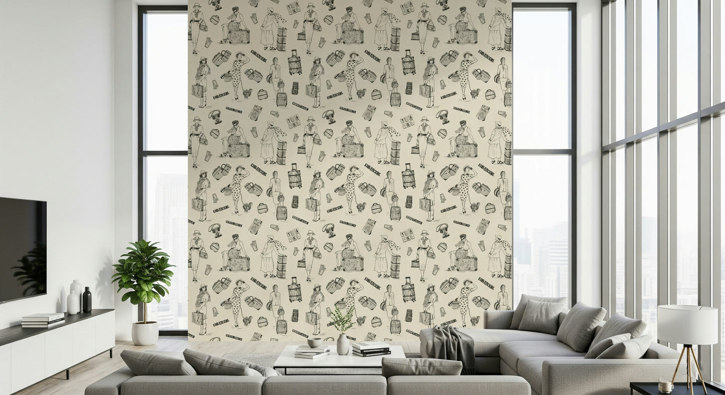 Beguiling Global Chic Sketch Wall Mural, vintage wayfaring design.