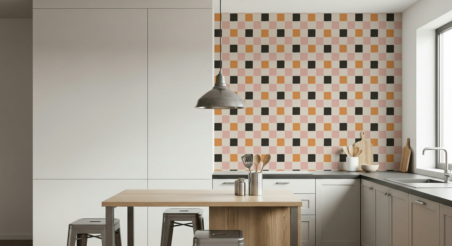 Perplexing Block Party Wallpaper in ashen pink and burnt orange.