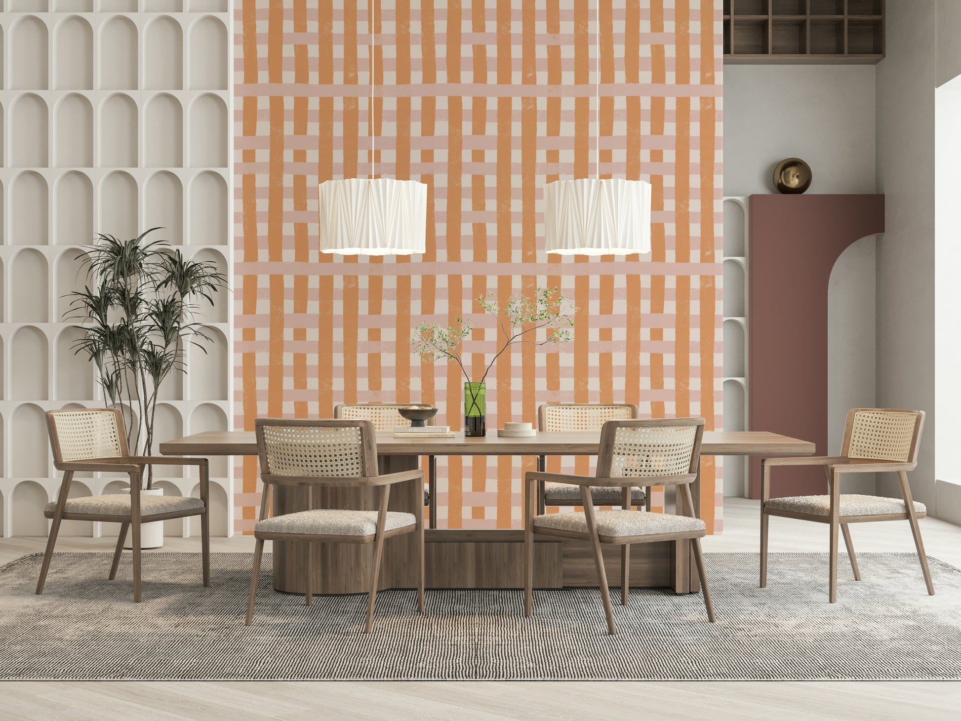Terra Stripes Wallpaper, whimsical gingham, muted terracotta design.