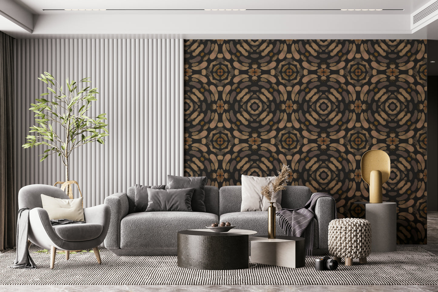 Geodesic symmetrical texture wallpaper mural, Earth Tones.