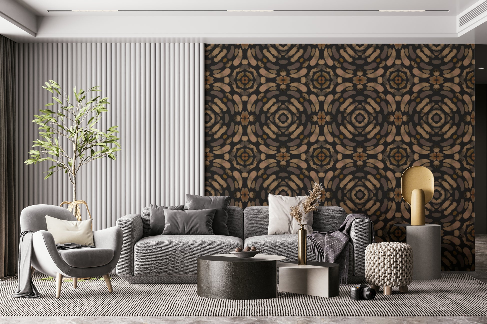 Geodesic symmetrical texture wallpaper mural, Earth Tones.