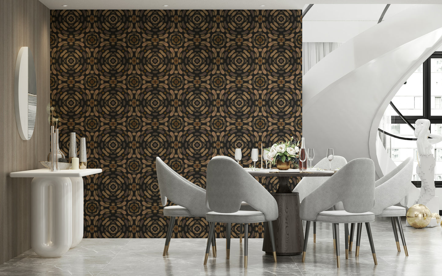 Tribal peel and stick wallpaper featuring rutilant dots.